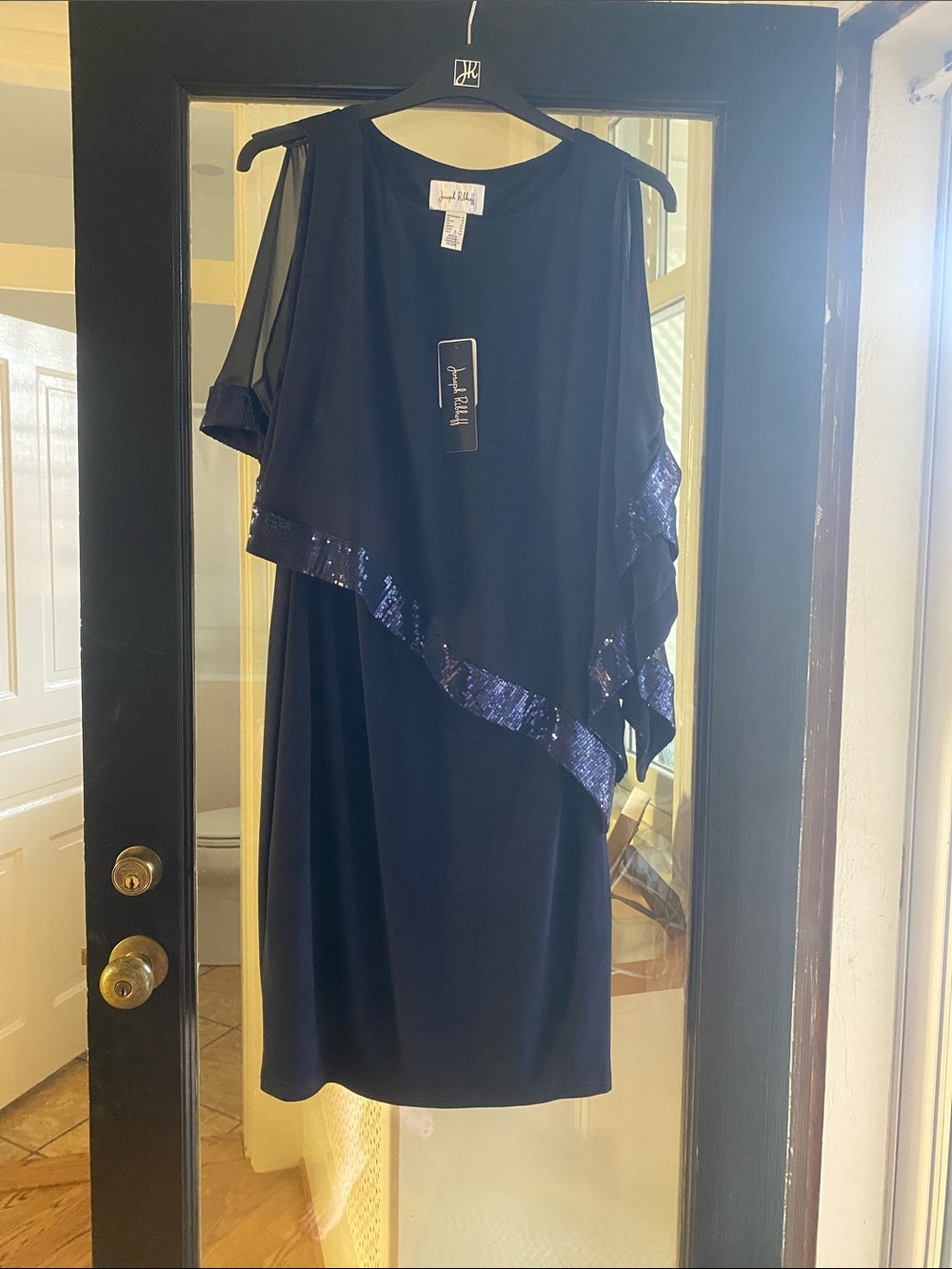 Joseph Ribkoff Navy Cold-Shoulder Cocktail Dress with Sequin Trim NWT 14 PERFECT